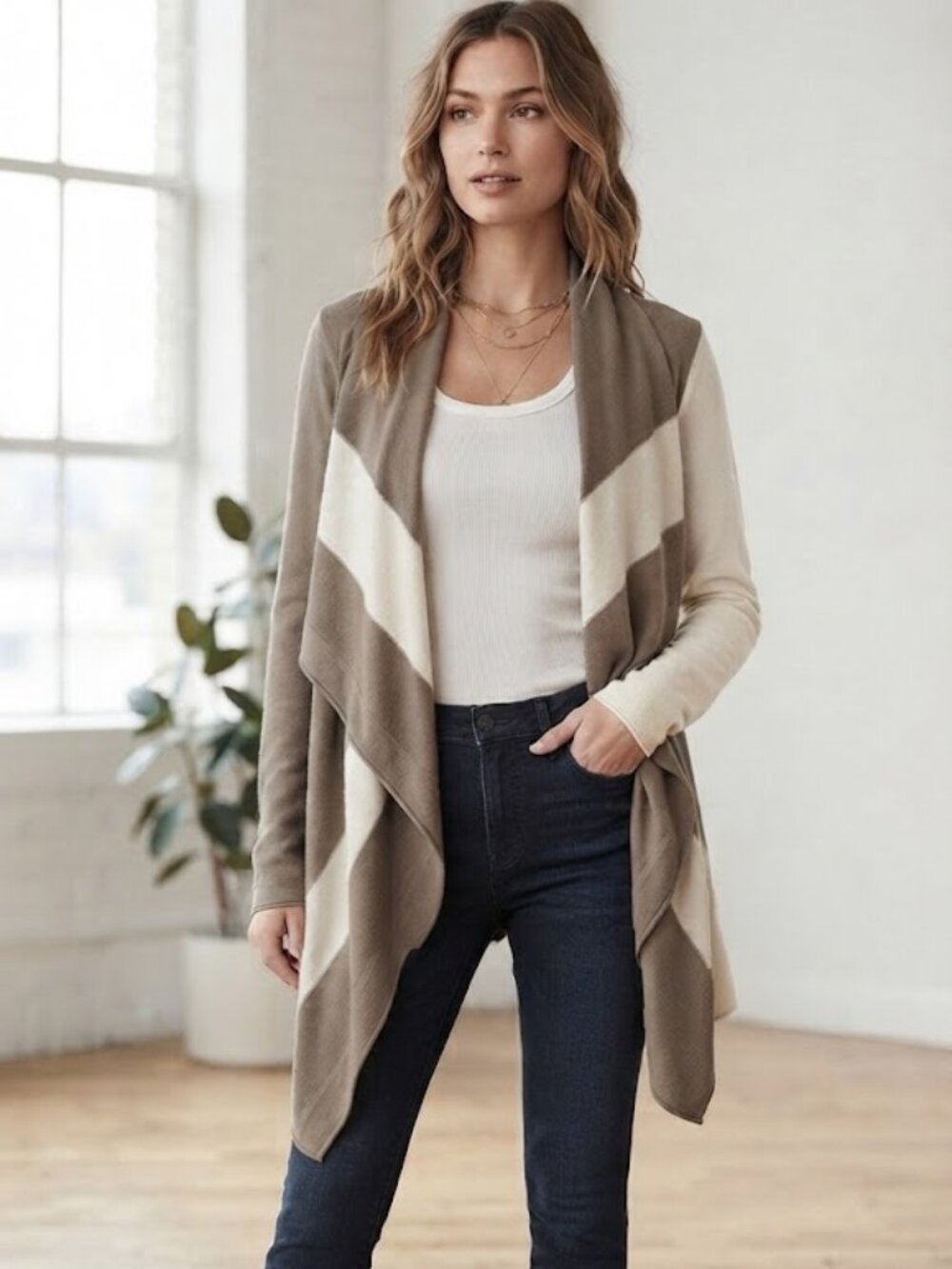 Lafayette 148 NY Draped Front Chevron Striped Knit Wrap Sweater Size Medium